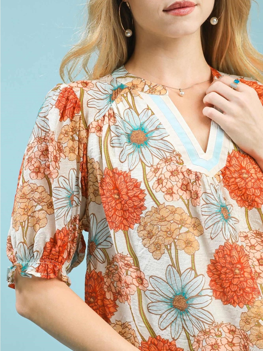 Umgee Floral Print Puff Sleeve Top in Mint Mix